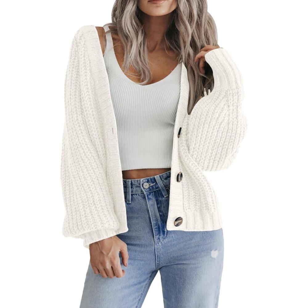 imageZeagoo Womens 2026 Fall Chunky Knit Cardigans Open Front Long Sleeve V Neck Button Loose Cardigan SweatersWhite