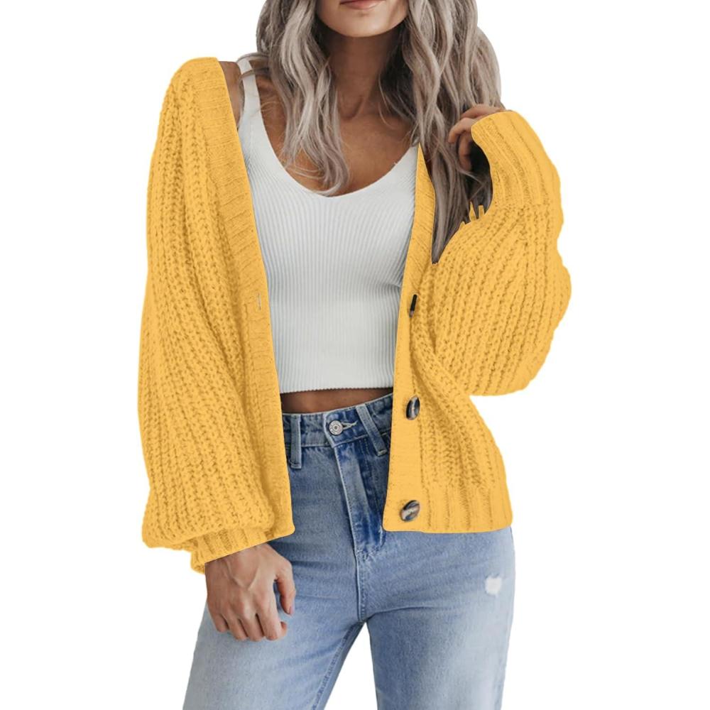 imageZeagoo Womens 2026 Fall Chunky Knit Cardigans Open Front Long Sleeve V Neck Button Loose Cardigan SweatersYellow