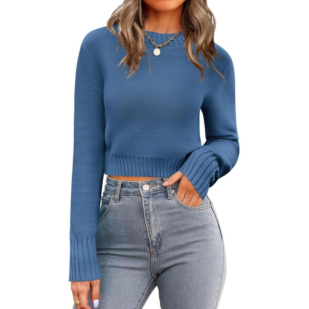 imageZeagoo Womens 2026 Fall Crewneck Cropped Sweater Trendy Long Sleeve Ribbed Knit Pullover Jumper TopsBlue