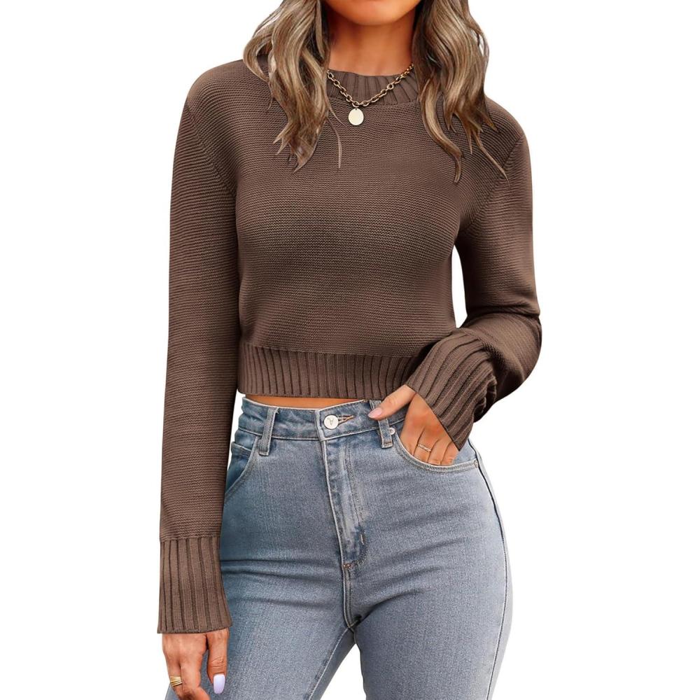 imageZeagoo Womens 2026 Fall Crewneck Cropped Sweater Trendy Long Sleeve Ribbed Knit Pullover Jumper TopsBrown