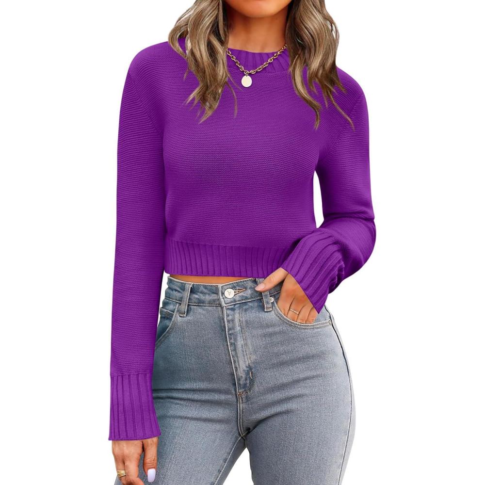 imageZeagoo Womens 2026 Fall Crewneck Cropped Sweater Trendy Long Sleeve Ribbed Knit Pullover Jumper TopsDark Purple