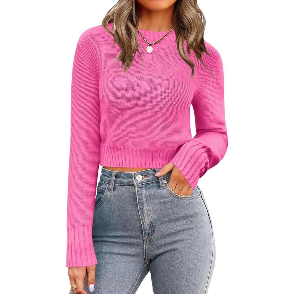 imageZeagoo Womens 2026 Fall Crewneck Cropped Sweater Trendy Long Sleeve Ribbed Knit Pullover Jumper TopsPink