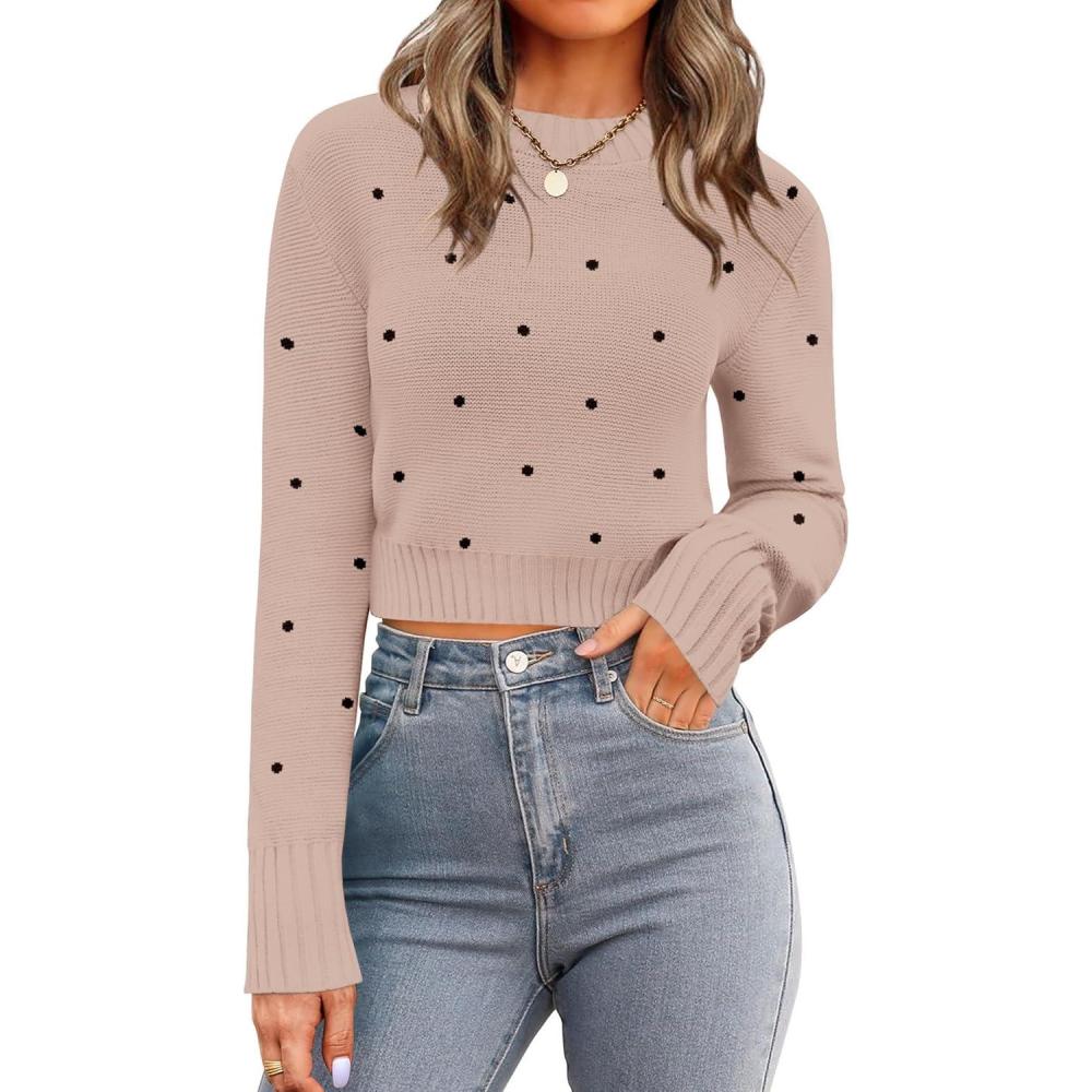 imageZeagoo Womens 2026 Fall Crewneck Cropped Sweater Trendy Long Sleeve Ribbed Knit Pullover Jumper TopsPolka Dot Khaki