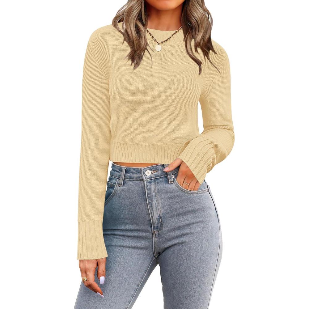 imageZeagoo Womens 2026 Fall Crewneck Cropped Sweater Trendy Long Sleeve Ribbed Knit Pullover Jumper TopsYellow