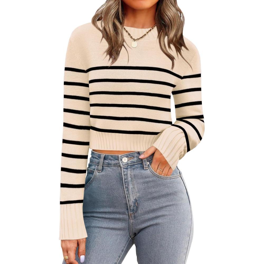 imageZeagoo Womens 2026 Fall Crewneck Cropped Sweater Trendy Long Sleeve Ribbed Knit Pullover Jumper TopsZapricot Black Stripe