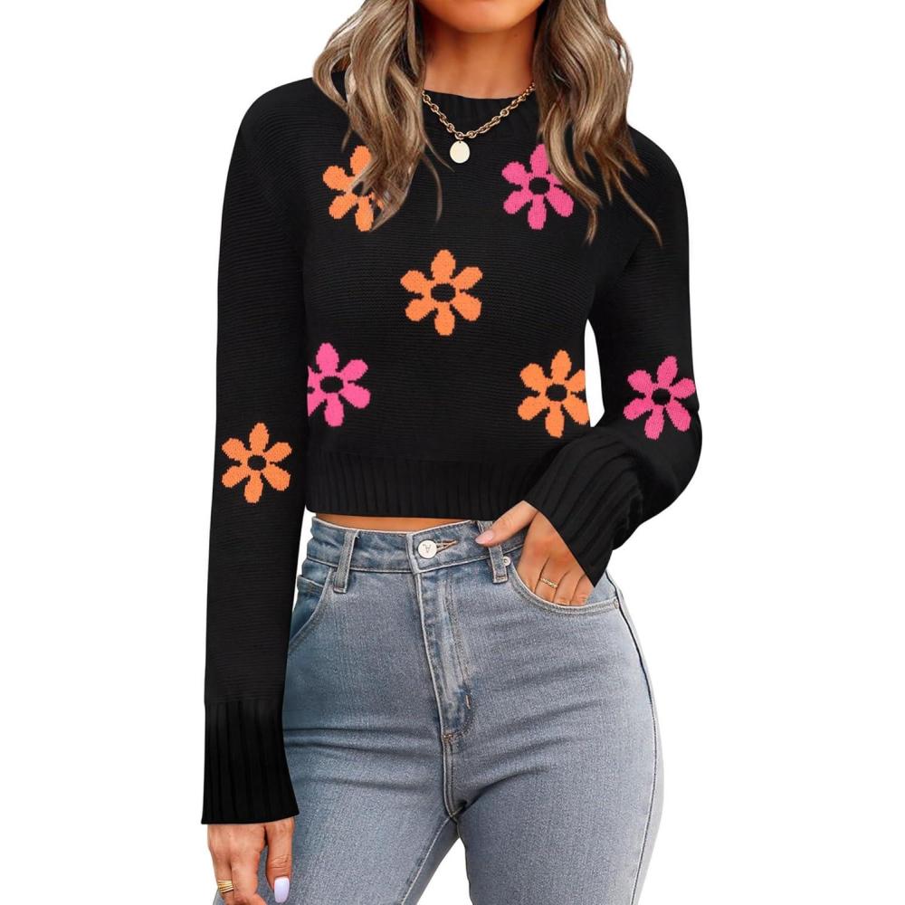 imageZeagoo Womens 2026 Fall Crewneck Cropped Sweater Trendy Long Sleeve Ribbed Knit Pullover Jumper TopsZblackflower