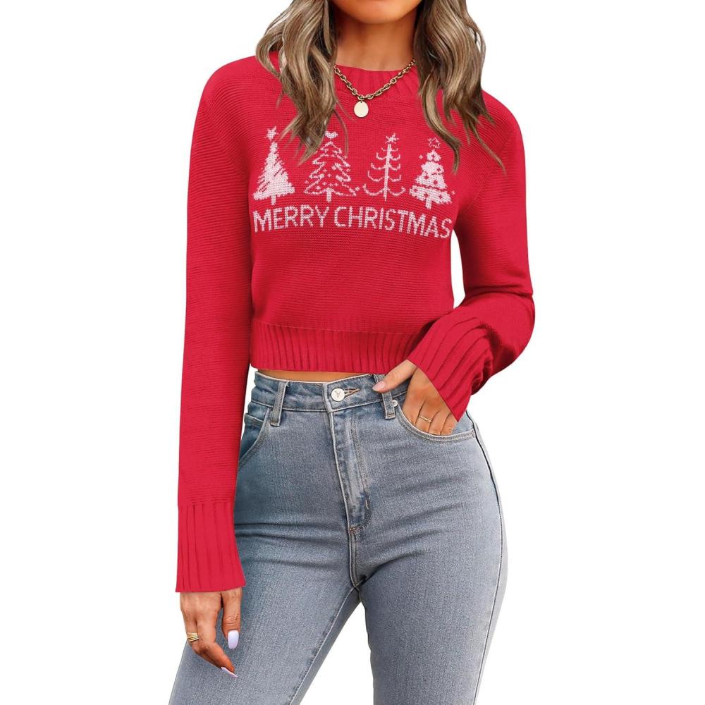 imageZeagoo Womens 2026 Fall Crewneck Cropped Sweater Trendy Long Sleeve Ribbed Knit Pullover Jumper TopsZchristmas Print