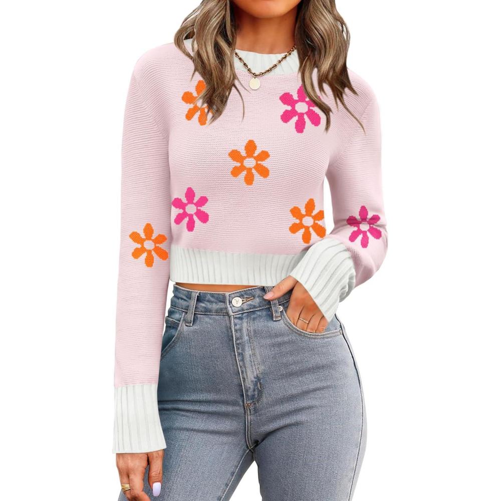 imageZeagoo Womens 2026 Fall Crewneck Cropped Sweater Trendy Long Sleeve Ribbed Knit Pullover Jumper TopsZwhiteflower