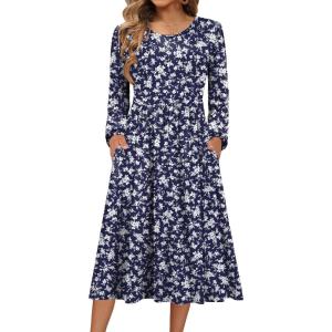 Zeagoo Long Sleeve Dresses for Women 2026 Fall Winter Casual Flowy A-Line Boho Midi Party Long Dress with Pockets(Blue Sprigs)
