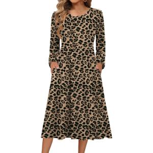 Zeagoo Long Sleeve Dresses for Women 2026 Fall Winter Casual Flowy A-Line Boho Midi Party Long Dress with Pockets(Leopard Print)