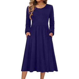 Zeagoo Long Sleeve Dresses for Women 2026 Fall Winter Casual Flowy A-Line Boho Midi Party Long Dress with Pockets(Navy 2)