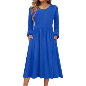Zeagoo Long Sleeve Dresses for Women 2026 Fall Winter Casual Flowy A-Line Boho Midi Party Long Dress with Pockets(Navy)