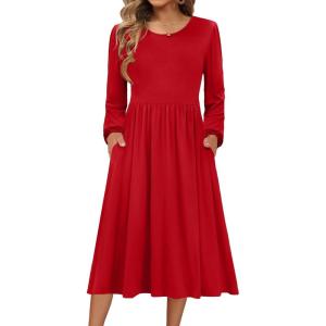 Zeagoo Long Sleeve Dresses for Women 2026 Fall Winter Casual Flowy A-Line Boho Midi Party Long Dress with Pockets(Red)