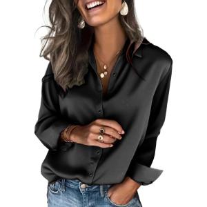 Zeagoo Satin Blouses for Women Silk Button Down Shirts Long Sleeve Business Casual Tops(Black)