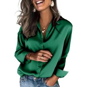 Zeagoo Satin Blouses for Women Silk Button Down Shirts Long Sleeve Business Casual Tops(Evergreen)