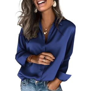 Zeagoo Satin Blouses for Women Silk Button Down Shirts Long Sleeve Business Casual Tops(Navy)