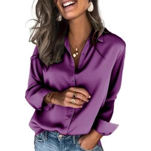 Zeagoo Satin Blouses for Women Silk Button Down Shirts Long Sleeve Business Casual Tops(Purple)