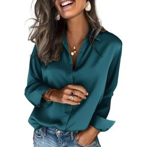 Zeagoo Satin Blouses for Women Silk Button Down Shirts Long Sleeve Business Casual Tops(Teal Blue)