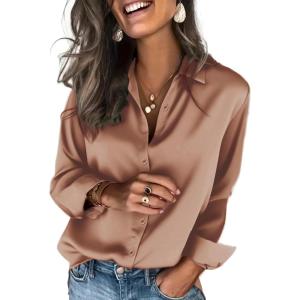 Zeagoo Satin Blouses for Women Silk Button Down Shirts Long Sleeve Business Casual Tops(Toffee)