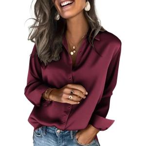 Zeagoo Satin Blouses for Women Silk Button Down Shirts Long Sleeve Business Casual Tops(Wine Red)