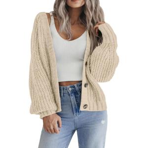 Zeagoo Women’s 2026 Fall Chunky Knit Cardigans Open Front Long Sleeve V Neck Button Loose Cardigan Sweaters(Apricot)