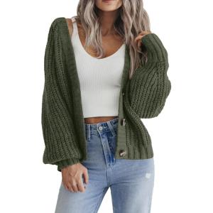 Zeagoo Women’s 2026 Fall Chunky Knit Cardigans Open Front Long Sleeve V Neck Button Loose Cardigan Sweaters(Army Green)