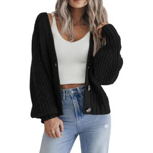 Zeagoo Women’s 2026 Fall Chunky Knit Cardigans Open Front Long Sleeve V Neck Button Loose Cardigan Sweaters(Black)