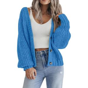 Zeagoo Women’s 2026 Fall Chunky Knit Cardigans Open Front Long Sleeve V Neck Button Loose Cardigan Sweaters(Bright Blue)
