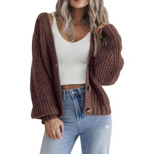 Zeagoo Women’s 2026 Fall Chunky Knit Cardigans Open Front Long Sleeve V Neck Button Loose Cardigan Sweaters(Brown)