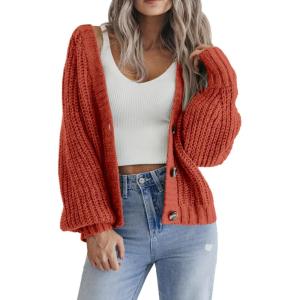Zeagoo Women’s 2026 Fall Chunky Knit Cardigans Open Front Long Sleeve V Neck Button Loose Cardigan Sweaters(Caramel)