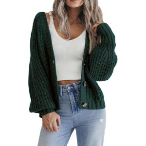 Zeagoo Women’s 2026 Fall Chunky Knit Cardigans Open Front Long Sleeve V Neck Button Loose Cardigan Sweaters(Dark Green)