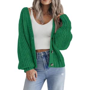 Zeagoo Women’s 2026 Fall Chunky Knit Cardigans Open Front Long Sleeve V Neck Button Loose Cardigan Sweaters(Green)