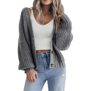 Zeagoo Women’s 2026 Fall Chunky Knit Cardigans Open Front Long Sleeve V Neck Button Loose Cardigan Sweaters(Grey)
