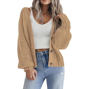 Zeagoo Women’s 2026 Fall Chunky Knit Cardigans Open Front Long Sleeve V Neck Button Loose Cardigan Sweaters(Light Khaki)