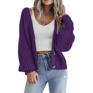 Zeagoo Women’s 2026 Fall Chunky Knit Cardigans Open Front Long Sleeve V Neck Button Loose Cardigan Sweaters(Purple)