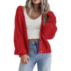 Zeagoo Women’s 2026 Fall Chunky Knit Cardigans Open Front Long Sleeve V Neck Button Loose Cardigan Sweaters(Red)