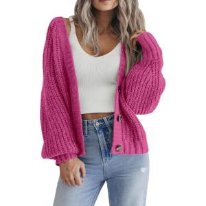 Zeagoo Women’s 2026 Fall Chunky Knit Cardigans Open Front Long Sleeve V Neck Button Loose Cardigan Sweaters(Rose)