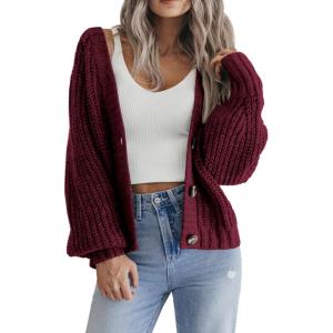 Zeagoo Women’s 2026 Fall Chunky Knit Cardigans Open Front Long Sleeve V Neck Button Loose Cardigan Sweaters(Wine Red)