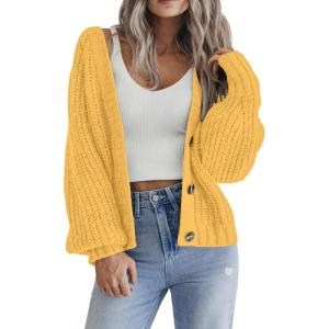 Zeagoo Women’s 2026 Fall Chunky Knit Cardigans Open Front Long Sleeve V Neck Button Loose Cardigan Sweaters(Yellow)