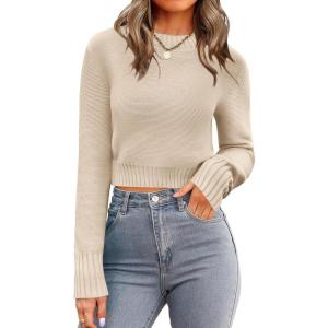 Zeagoo Women’s 2026 Fall Crewneck Cropped Sweater Trendy Long Sleeve Ribbed Knit Pullover Jumper Tops(Beige)