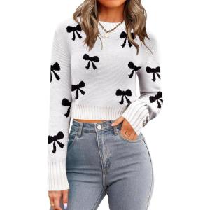 Zeagoo Women’s 2026 Fall Crewneck Cropped Sweater Trendy Long Sleeve Ribbed Knit Pullover Jumper Tops(Bowknot White)