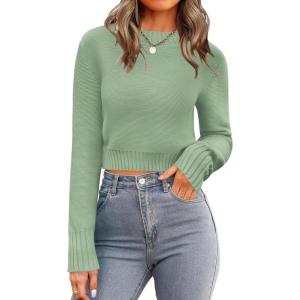 Zeagoo Women’s 2026 Fall Crewneck Cropped Sweater Trendy Long Sleeve Ribbed Knit Pullover Jumper Tops(Green)