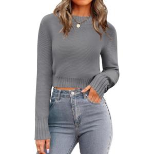 Zeagoo Women’s 2026 Fall Crewneck Cropped Sweater Trendy Long Sleeve Ribbed Knit Pullover Jumper Tops(Grey)
