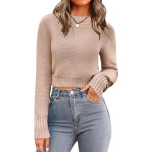 Zeagoo Women’s 2026 Fall Crewneck Cropped Sweater Trendy Long Sleeve Ribbed Knit Pullover Jumper Tops(Khaki)