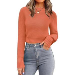 Zeagoo Women’s 2026 Fall Crewneck Cropped Sweater Trendy Long Sleeve Ribbed Knit Pullover Jumper Tops(Orange)