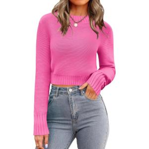 Zeagoo Women’s 2026 Fall Crewneck Cropped Sweater Trendy Long Sleeve Ribbed Knit Pullover Jumper Tops(Pink)