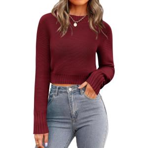 Zeagoo Women’s 2026 Fall Crewneck Cropped Sweater Trendy Long Sleeve Ribbed Knit Pullover Jumper Tops(Wine Red)
