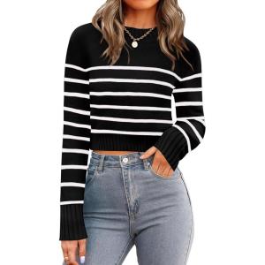 Zeagoo Women’s 2026 Fall Crewneck Cropped Sweater Trendy Long Sleeve Ribbed Knit Pullover Jumper Tops(Z-black White Stripe)