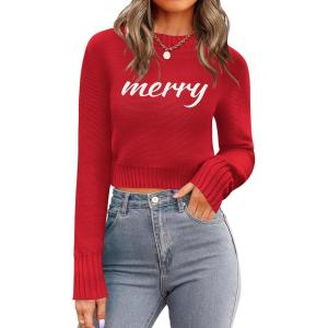 Zeagoo Women’s 2026 Fall Crewneck Cropped Sweater Trendy Long Sleeve Ribbed Knit Pullover Jumper Tops(Z-merry)