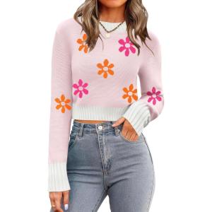 Zeagoo Women’s 2026 Fall Crewneck Cropped Sweater Trendy Long Sleeve Ribbed Knit Pullover Jumper Tops(Z-white-flower)